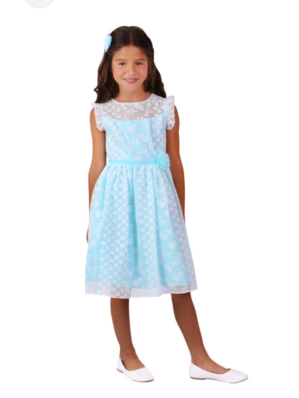 Jona Michelle Light Blue Lace-Overlay Flower Waist Dress